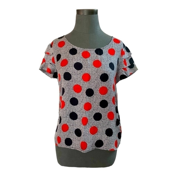 Women Top MYNE Ashley Ann Red Black Polka Dot Ruffle Blouse Button Back Silk Top - Picture 2 of 6